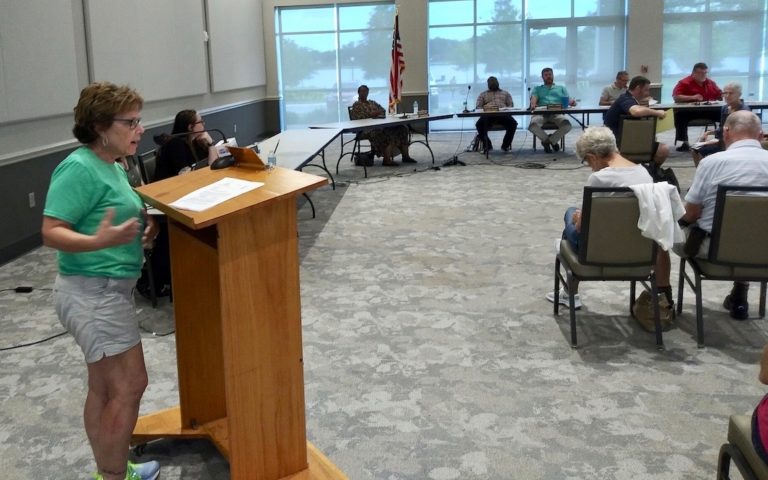 Howey in the Hills resident Lori Blessing voices her opposition to the Whispering Hills project at the Leesburg Planning Commission meeting on Thursday.