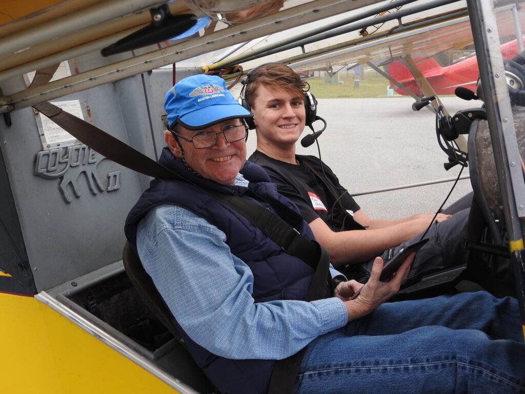 EAA Chapter 534 pilot and VP John Weber gets ready for takeoff with Young Eagle Ryan Cary. John is a Light Sport flight instructor so he is used to instructing from the right seat.
