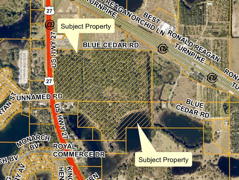 The Blue Cedar developement is just south of the Florida Turnpike and east of U.S. Hwy.27