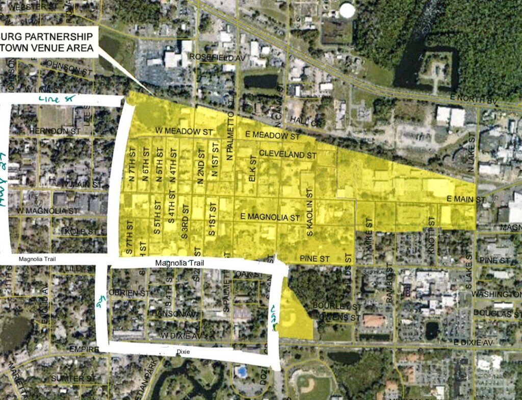 Leesburg Bikefest deedicated area in yellow with shutlles avaiable in the white lined areas.