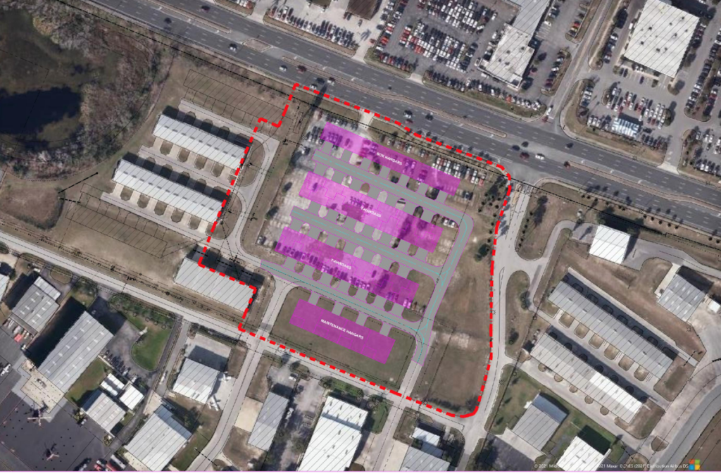 The new hanger buildings will be constructed in the area outlined in red