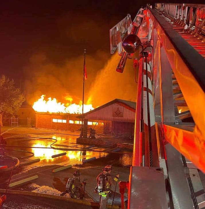 Firefighters battled the flames Wednesday night at the Leesburg Masonic Lodge
