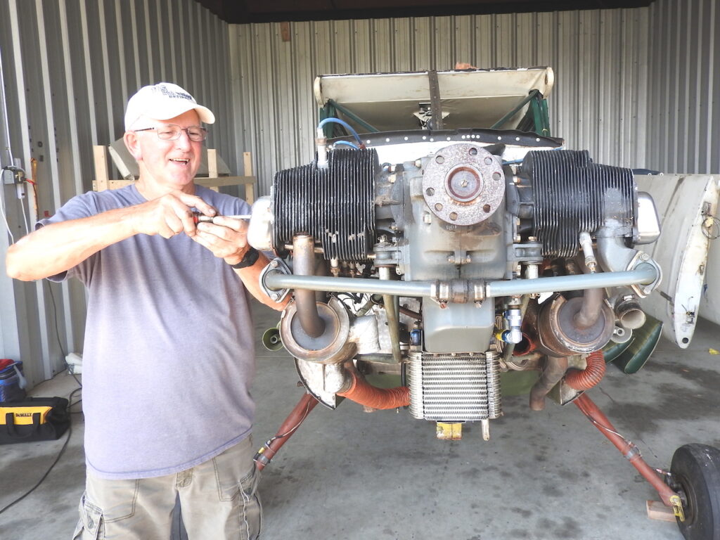 Bob Pitzer, one of several of the chapter’s aircraft mechanics, starts work on the Fairchild engine.