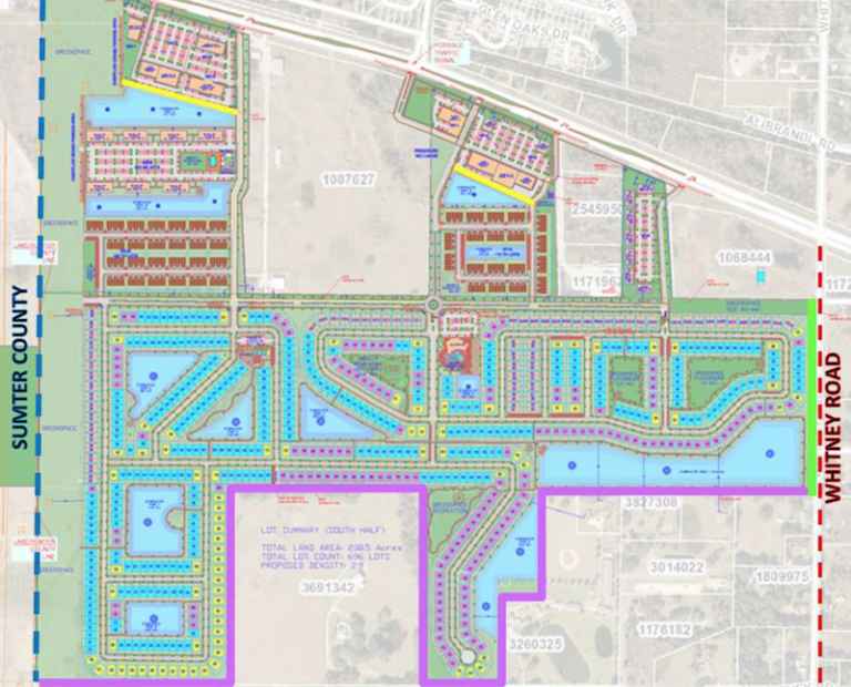 The Village Palms mixed use development is located south of State Road 44 and west of Whitney Road. The Crossings at 44 subdivision is shown above as the 37 acre parcel number 1087627.