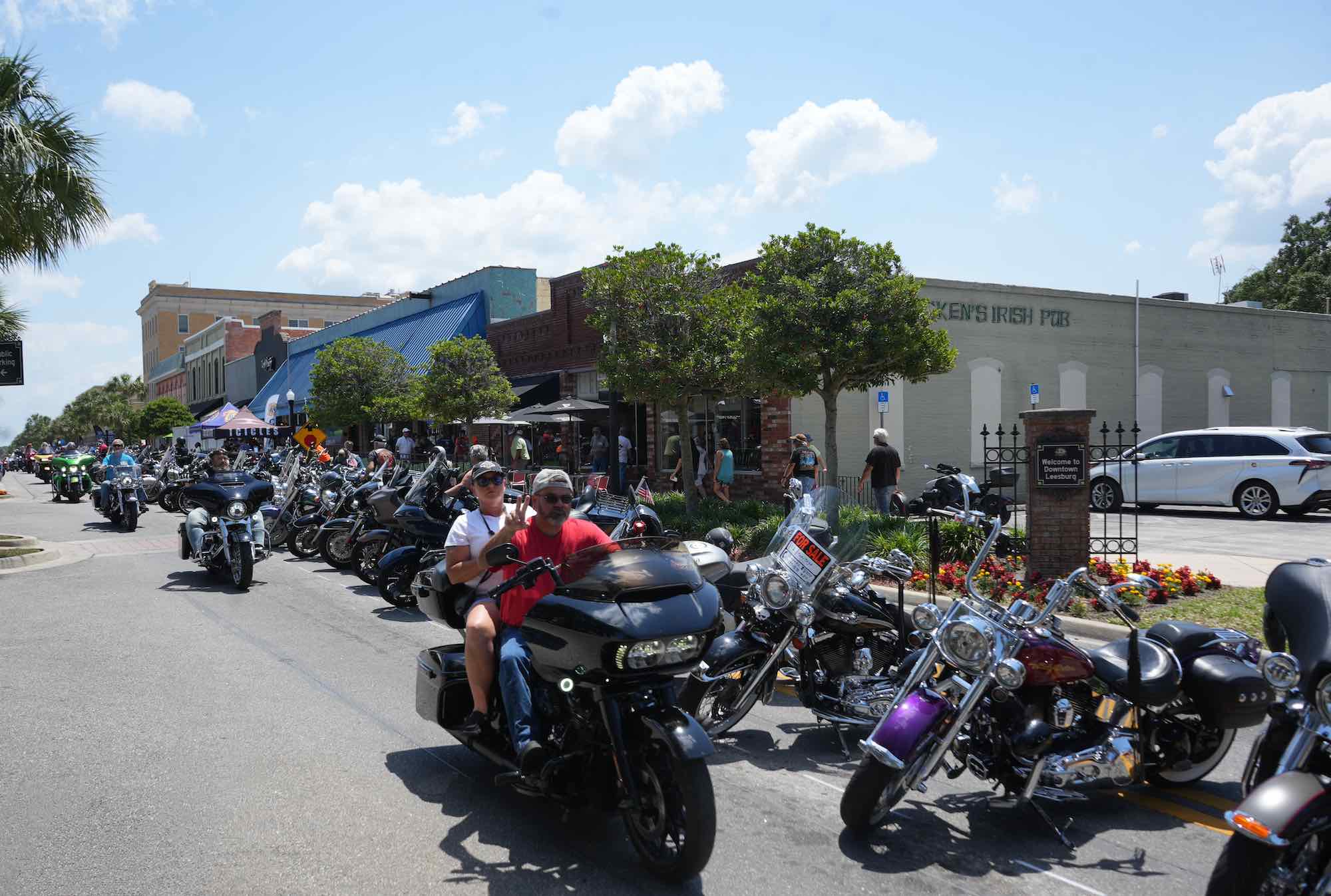Motorcycle riders driving through downtown Leesburg during Leesburg Bikefest 2024
